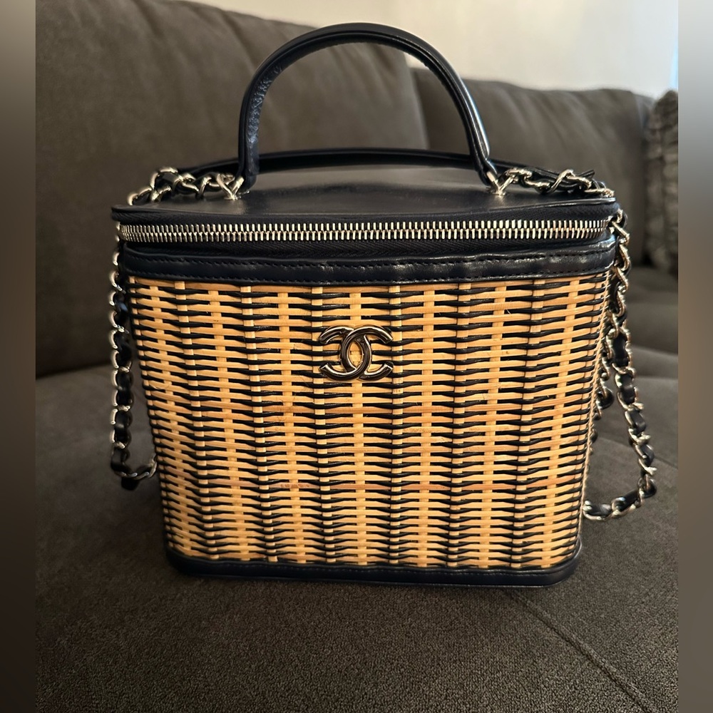 Chanel Rattan calfskin vanity case navy blue AUTHENTIC